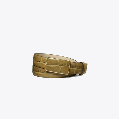Tory Burch Plate Croc-Embossed Belt Coconut Shell