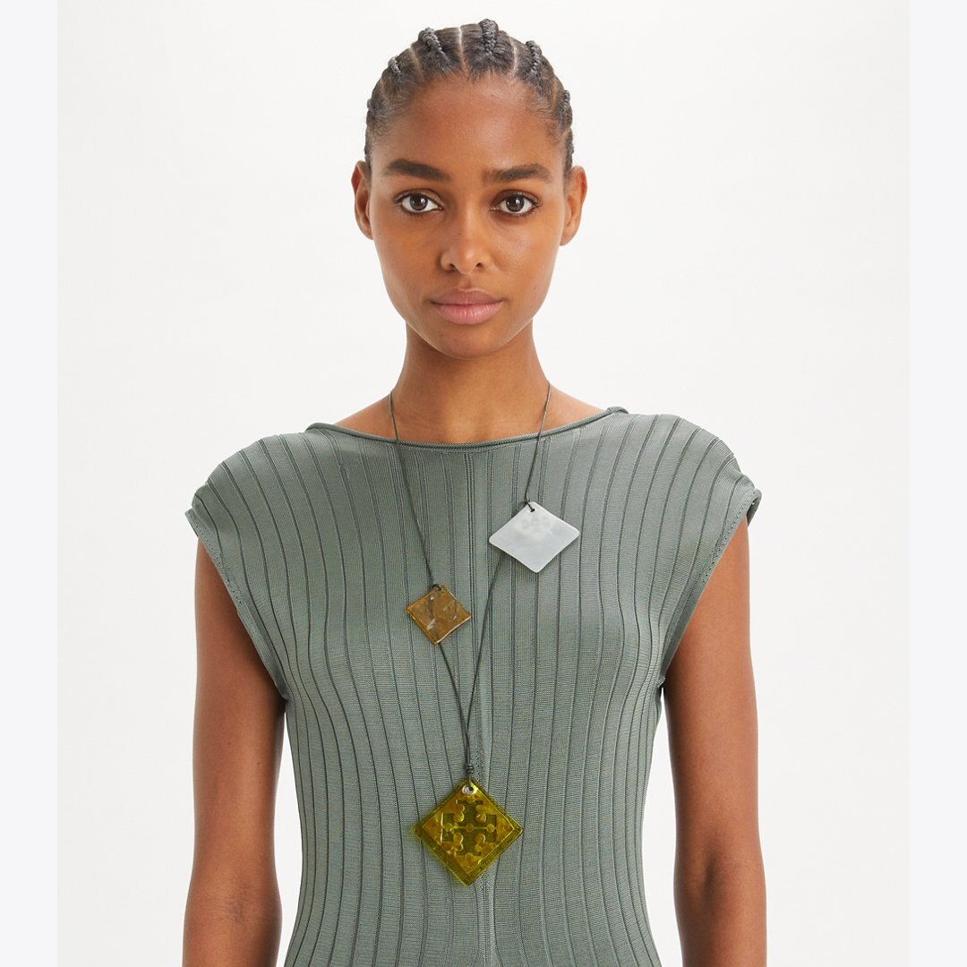 Tory Burch Resin Logo Long Necklace Light Silver / Dark Green / Multi