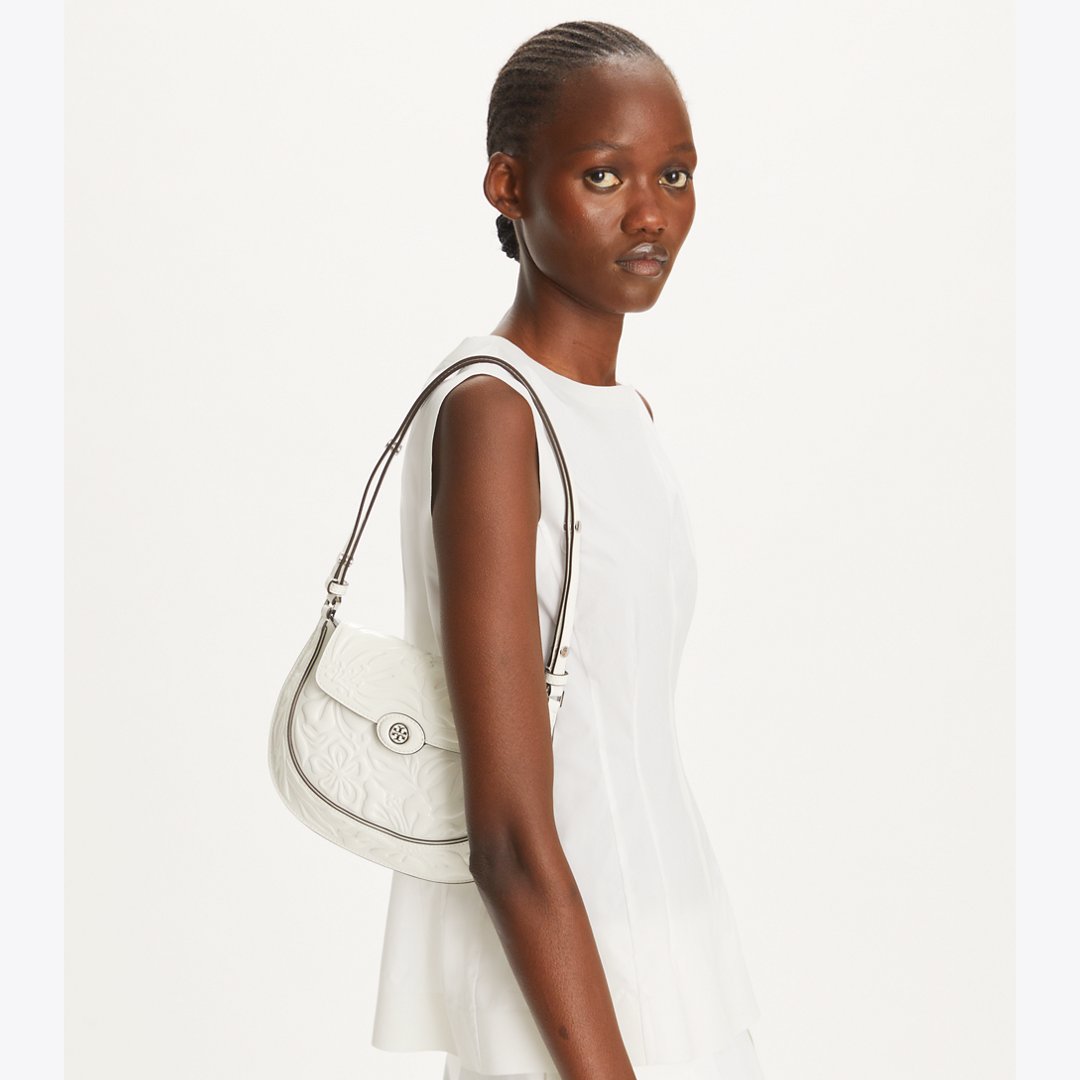 Tory Burch Robinson Floral Embossed Saddlebag Blanc