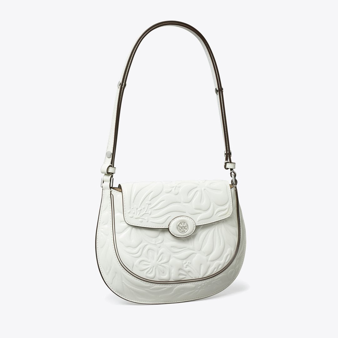 Tory Burch Robinson Floral Embossed Saddlebag Blanc