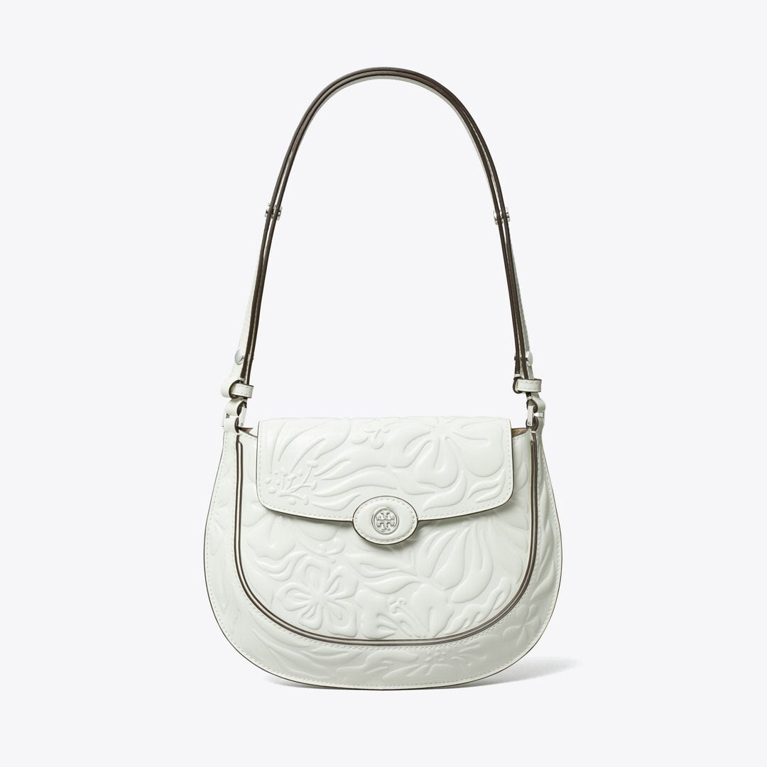 Tory Burch Robinson Floral Embossed Saddlebag Blanc