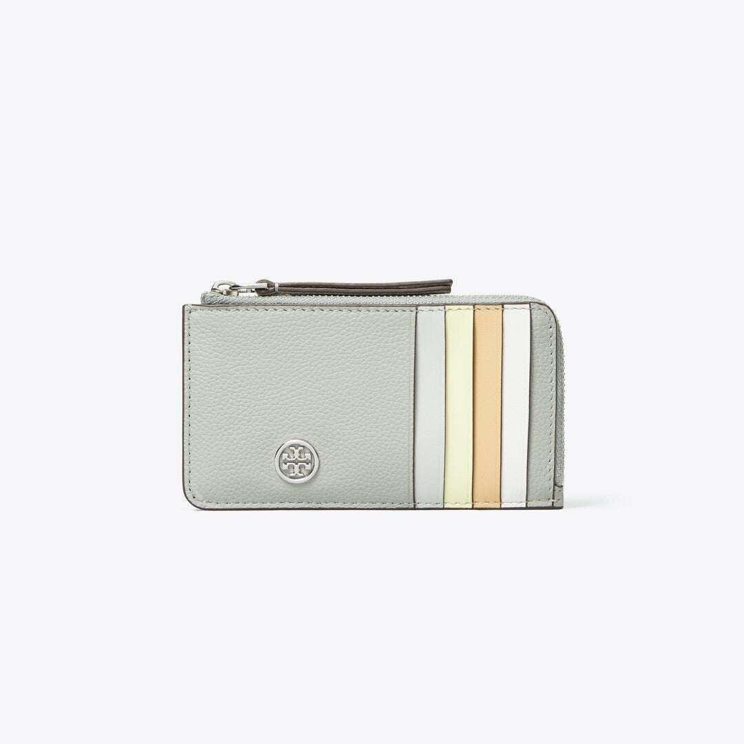 Tory Burch Robinson Pebbled Top-Zip Card Case Light Granite