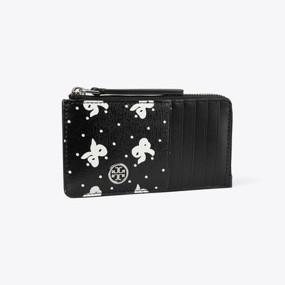 Tory Burch Robinson Printed Top-Zip Card Case Black Tossed Bow
