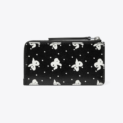 Tory Burch Robinson Printed Top-Zip Card Case Black Tossed Bow