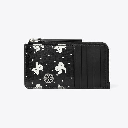 Tory Burch Robinson Printed Top-Zip Card Case Black Tossed Bow