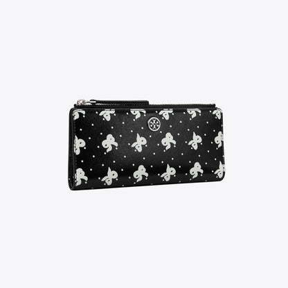 Tory Burch Robinson Printed Zip Slim Wallet Black Tossed Bow