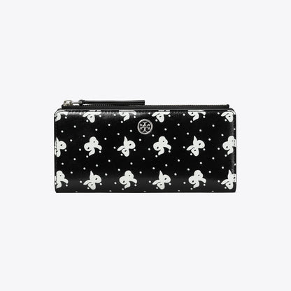 Tory Burch Robinson Printed Zip Slim Wallet Black Tossed Bow