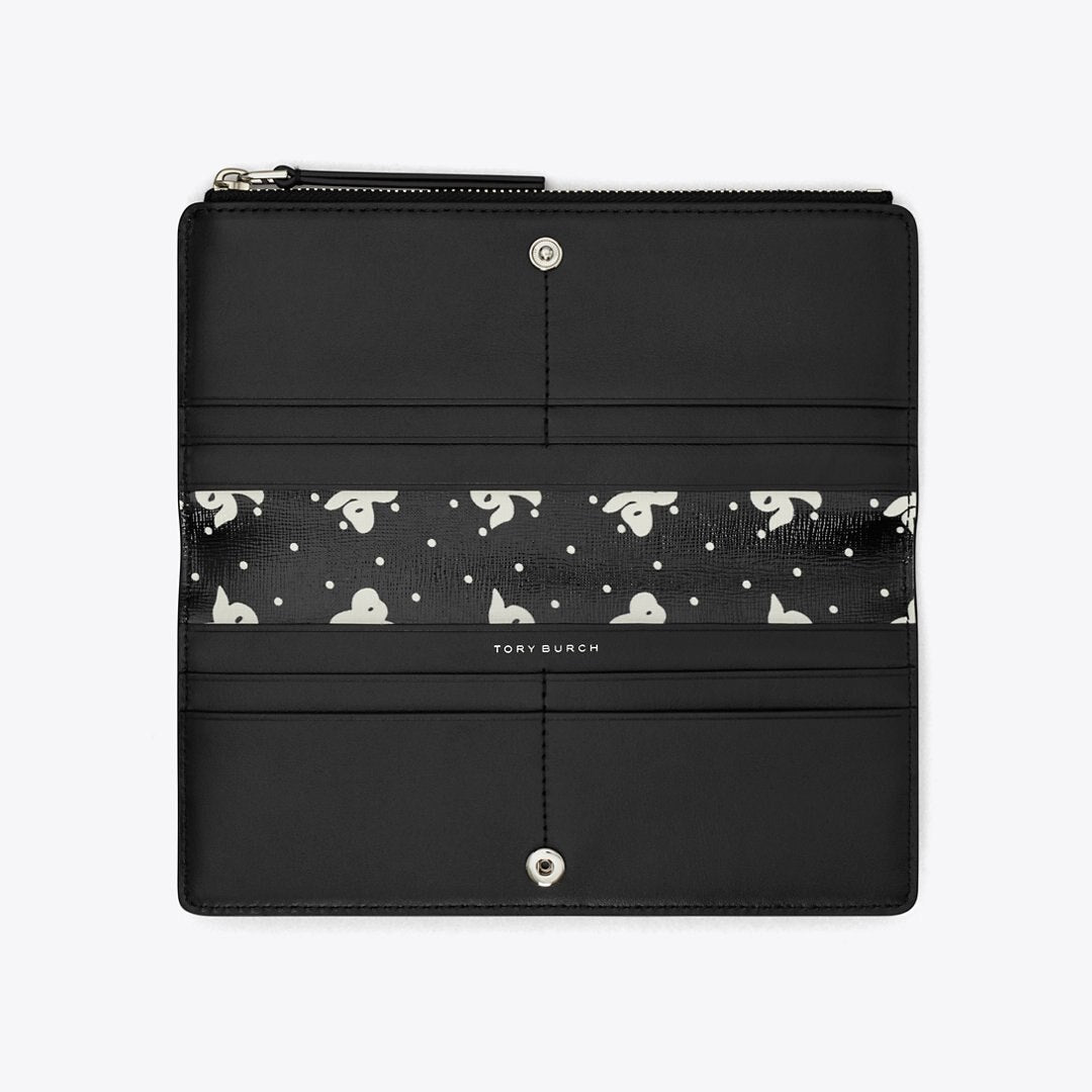 Tory Burch Robinson Printed Zip Slim Wallet Black Tossed Bow