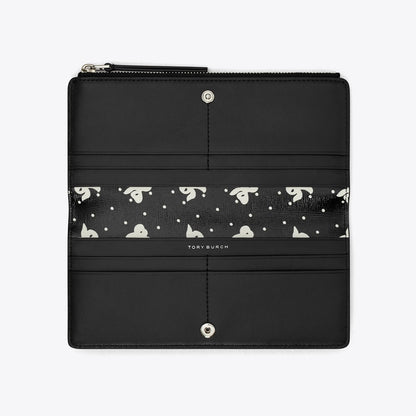 Tory Burch Robinson Printed Zip Slim Wallet Black Tossed Bow