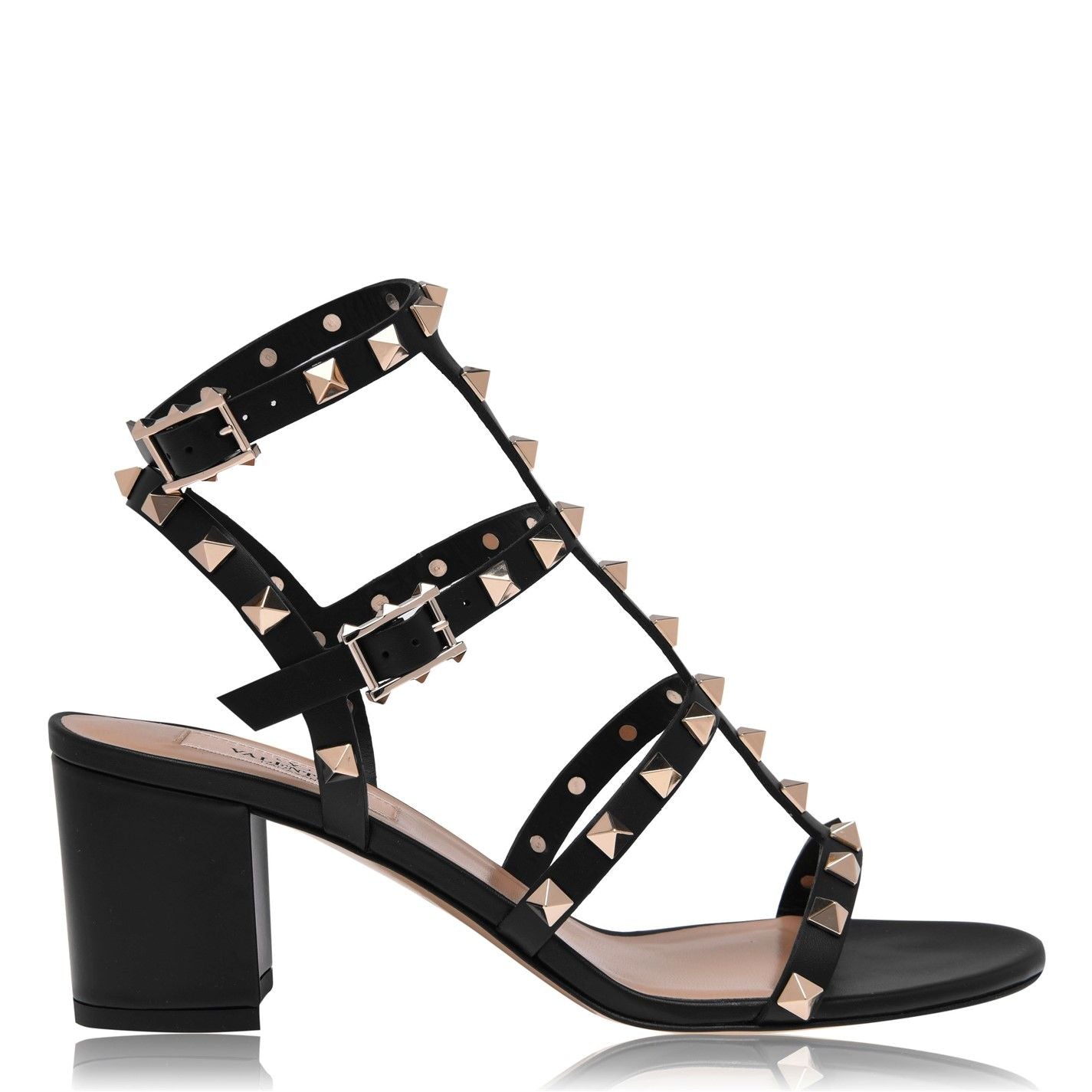  Rockstud Calfskin Ankle Strap Sandals Black 0NO