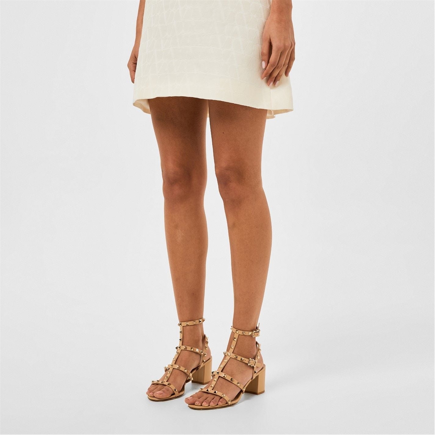  Rockstud Calfskin Ankle Strap Sandals Cappuccino
