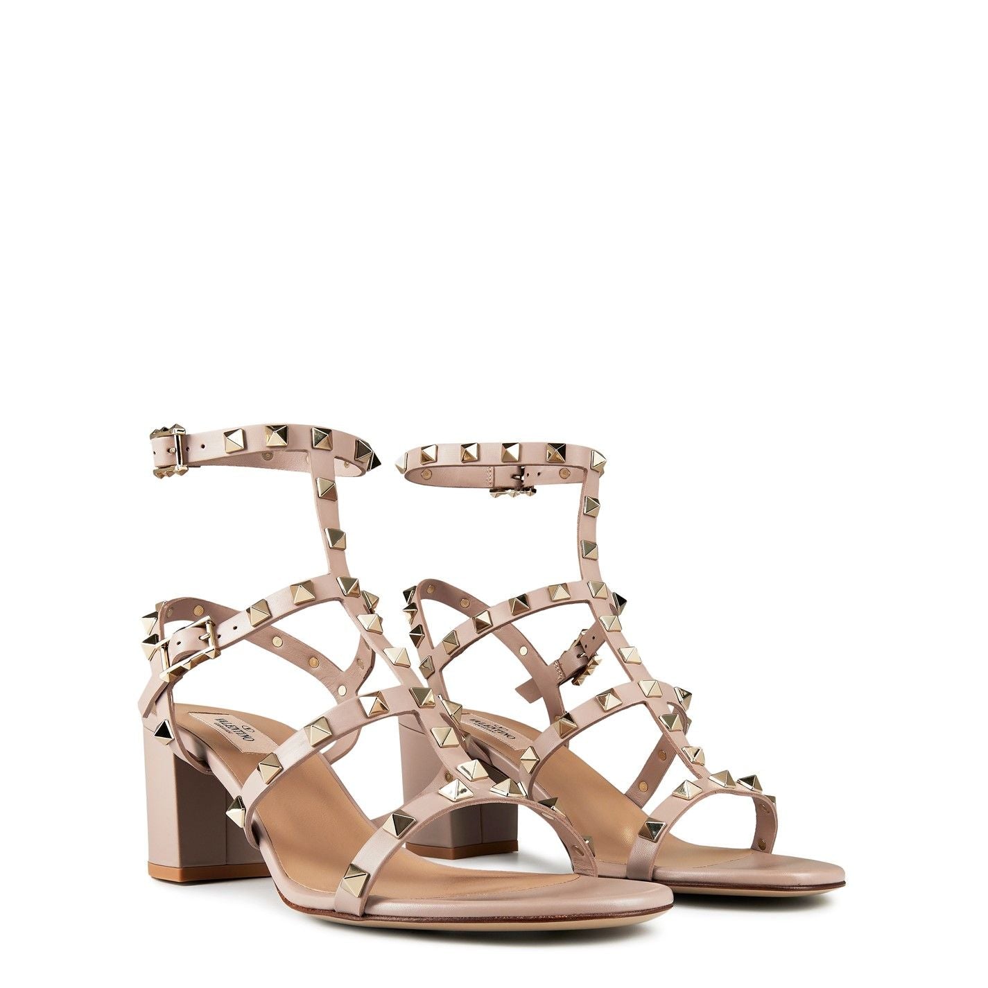  Rockstud Calfskin Ankle Strap Sandals Poudre P45