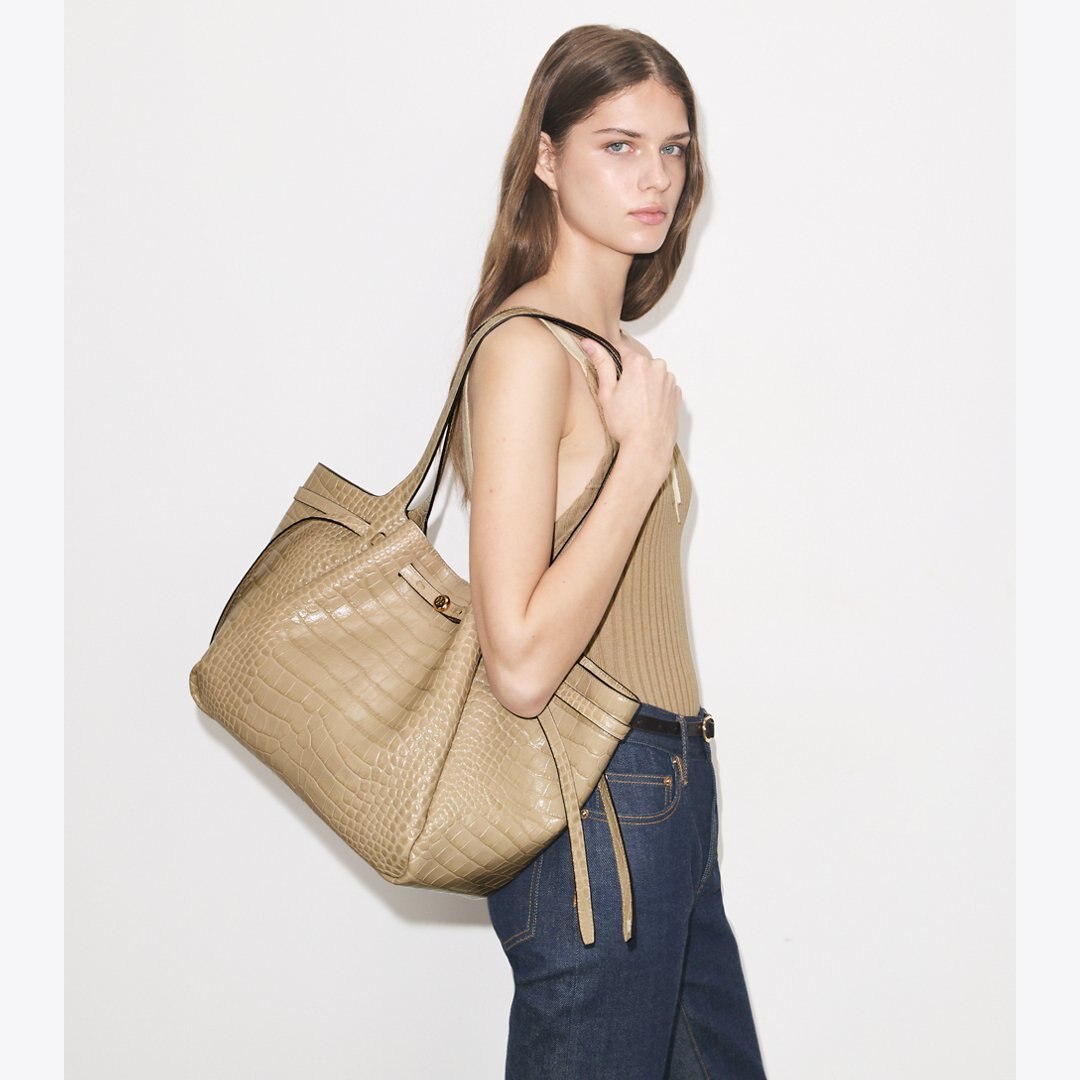 Tory Burch Romy Croc-Embossed Tote Light Hickory