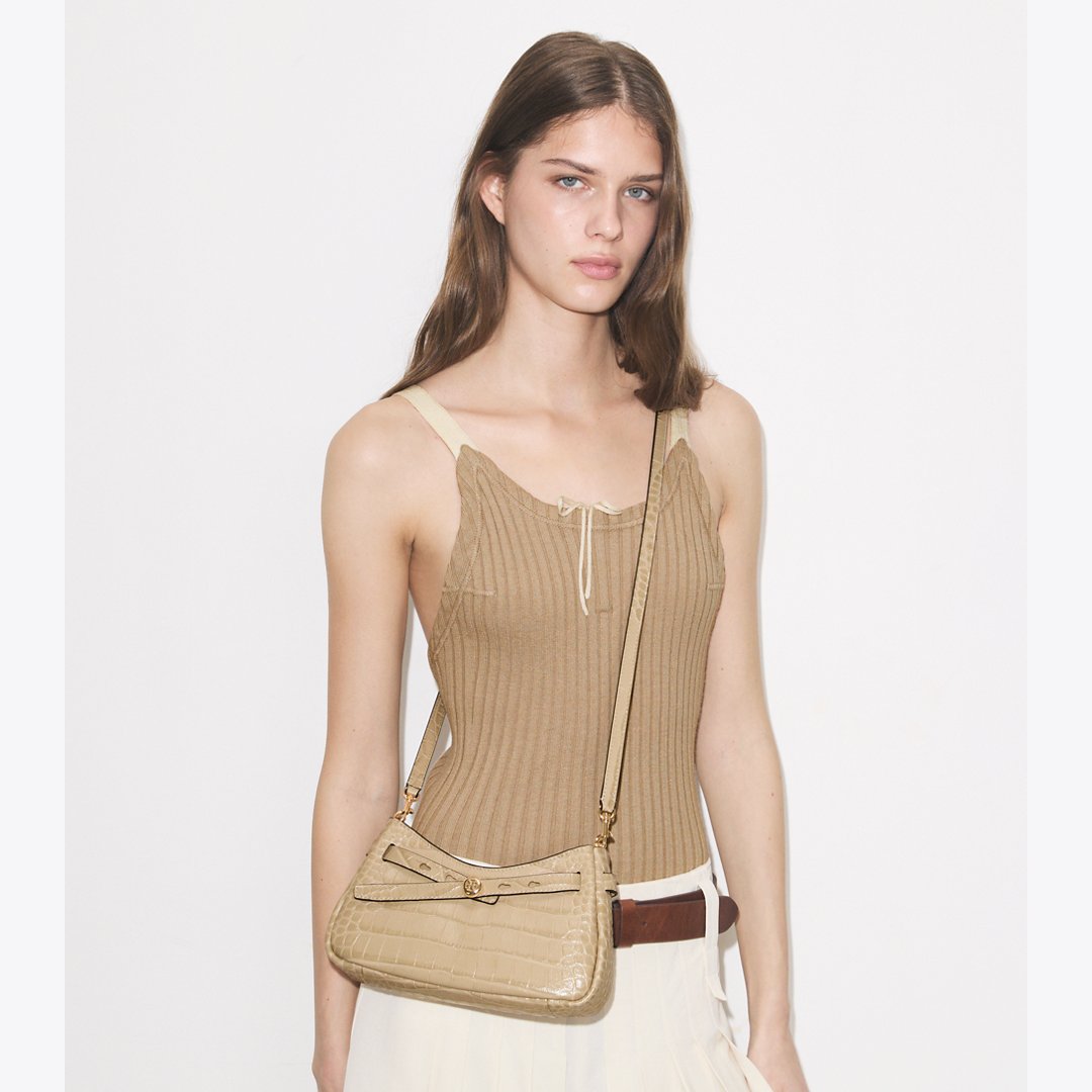 Tory Burch Romy Croc-Embossed Zip Top Crossbody Bag Light Hickory