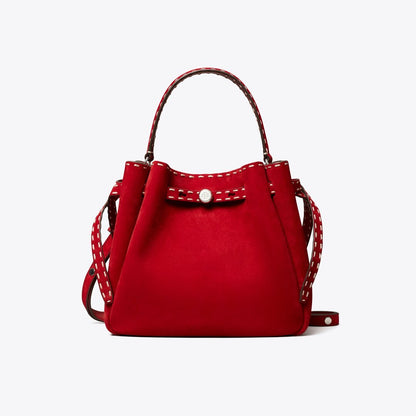 Tory Burch Romy Suede Pick Stitch Bucket Bag Toucan Red