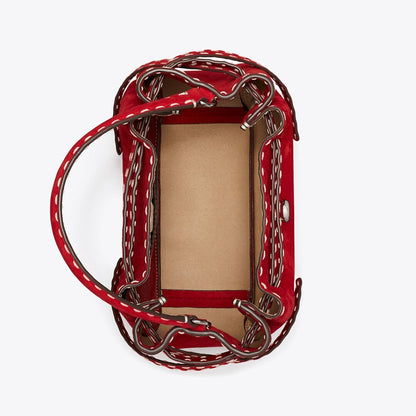 Tory Burch Romy Suede Pick Stitch Bucket Bag Toucan Red