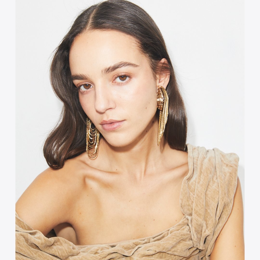 Tory Burch Runway Chain Earrings Light Brass / Crystal