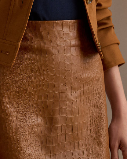 Ralph Lauren CrocEmbossed Lambskin Pencil Miniskirt