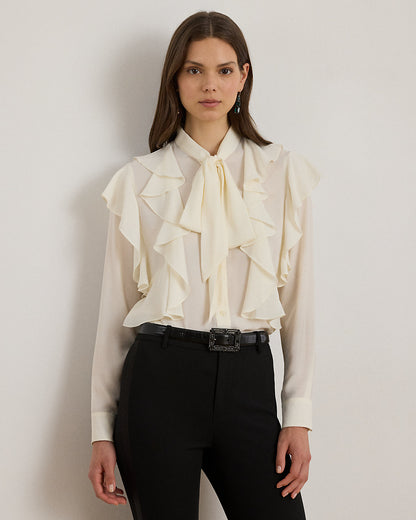 Ralph Lauren RuffleTrim Georgette TieNeck Blouse