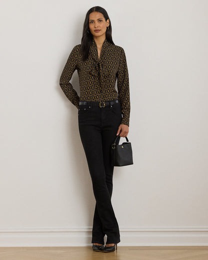Ralph Lauren ChainPrint Crepe TieNeck Blouse