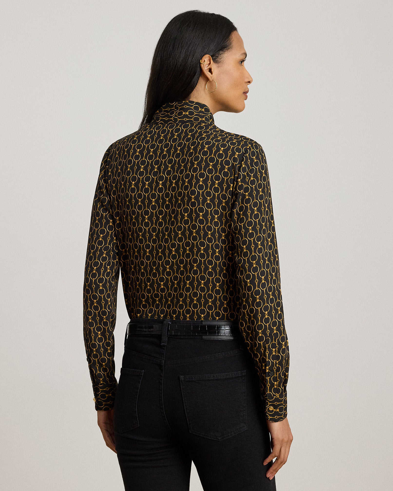 Ralph Lauren ChainPrint Crepe TieNeck Blouse