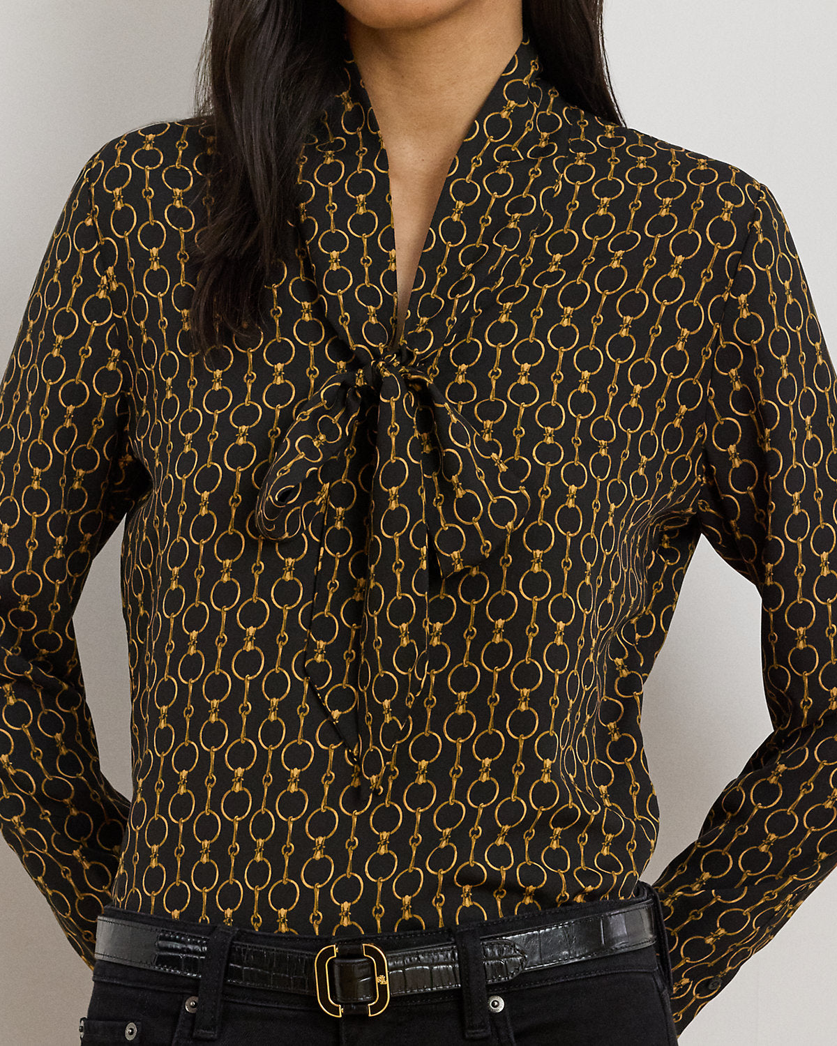 Ralph Lauren ChainPrint Crepe TieNeck Blouse