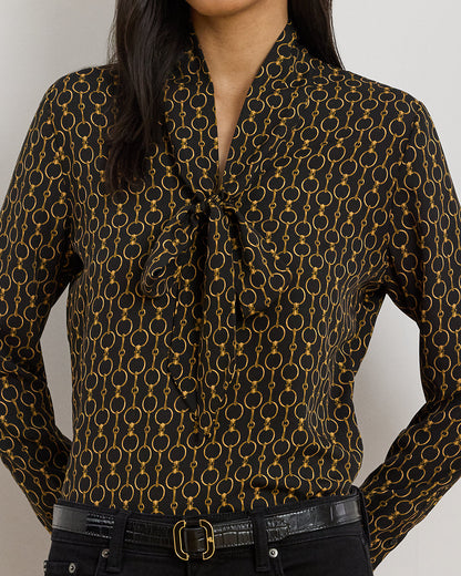Ralph Lauren ChainPrint Crepe TieNeck Blouse