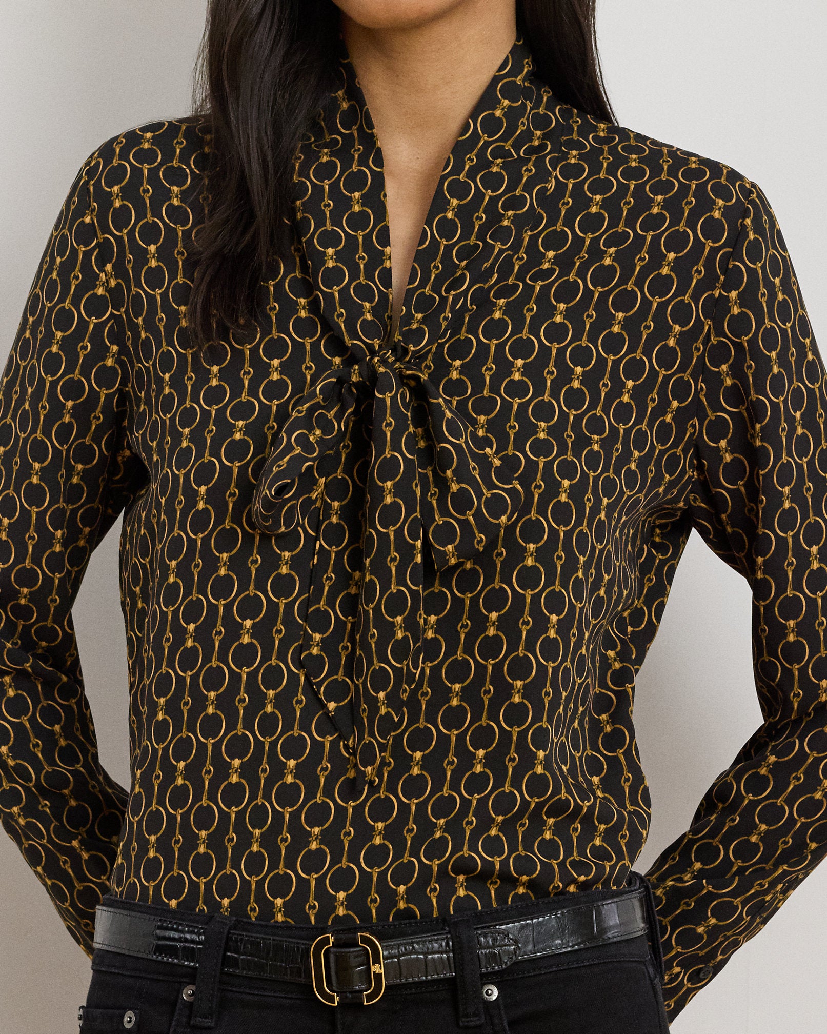 Ralph Lauren ChainPrint Crepe TieNeck Blouse