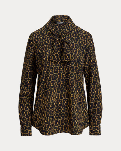 Ralph Lauren ChainPrint Crepe TieNeck Blouse