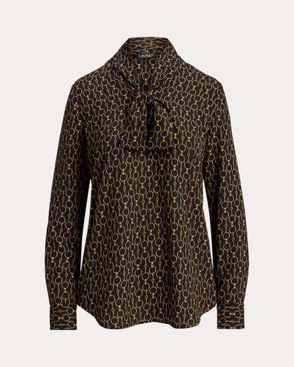 Ralph Lauren ChainPrint Crepe TieNeck Blouse