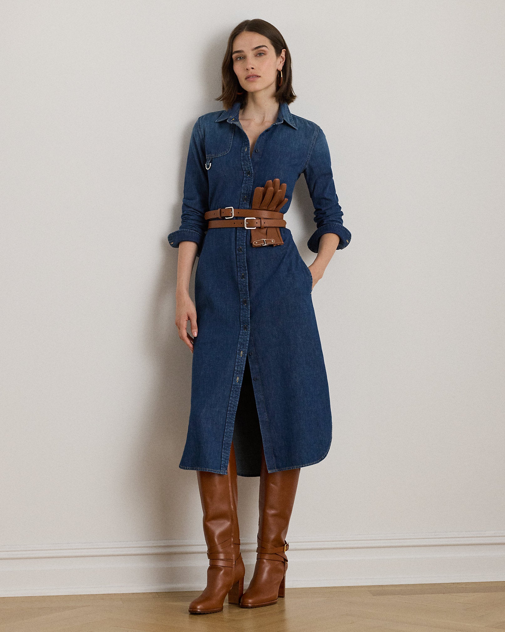 Ralph Lauren HorsebitTrim Belted Denim Shirtdress