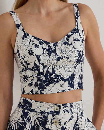 Ralph Lauren Floral Linen Cropped Bustier Blouse