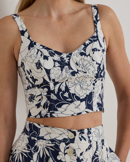 Ralph Lauren Floral Linen Cropped Bustier Blouse