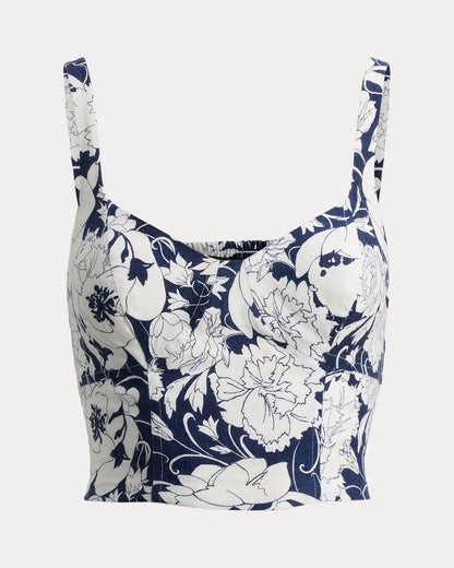 Ralph Lauren Floral Linen Cropped Bustier Blouse