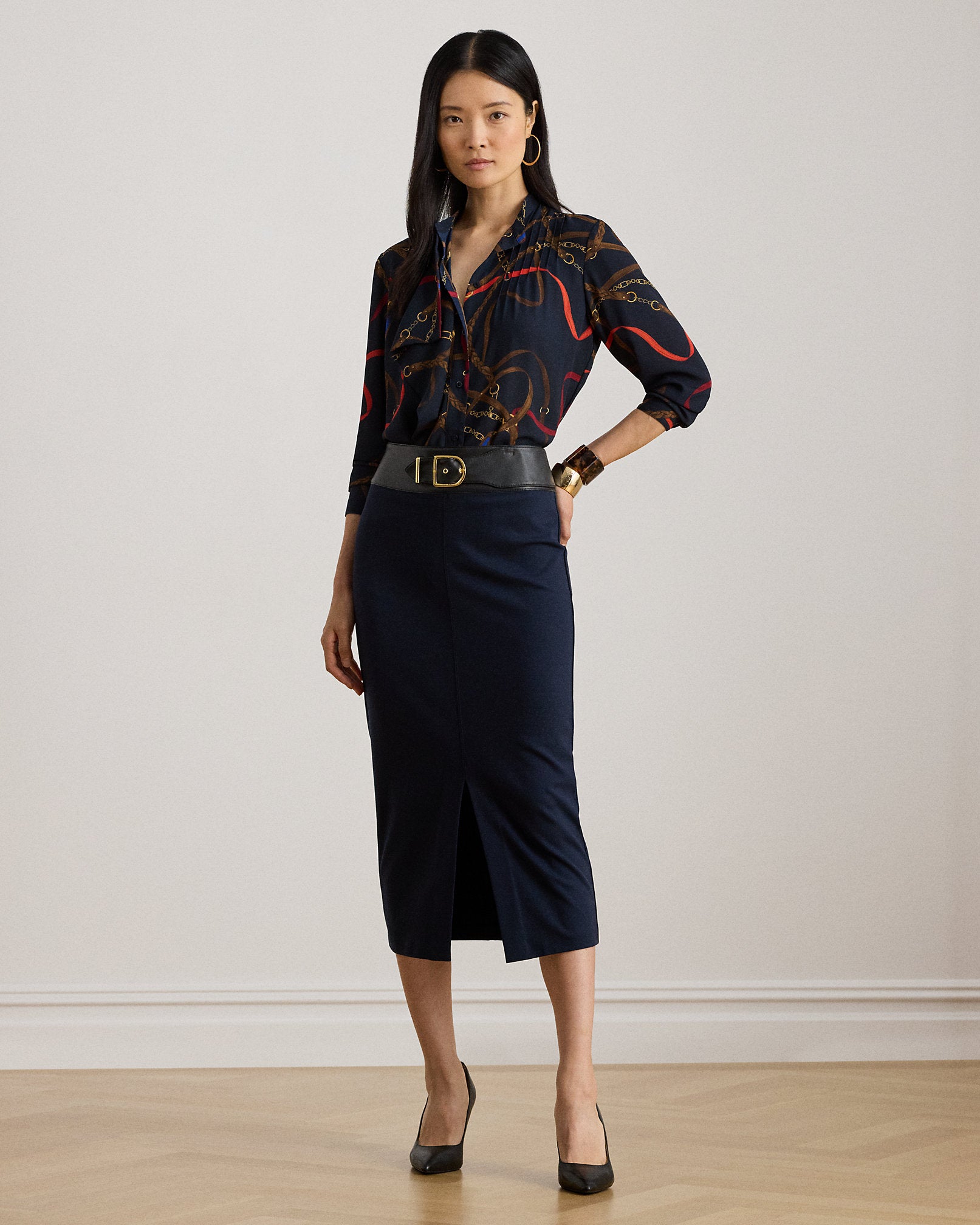 Ralph Lauren BuckleTrim Ponte Pencil Midi Skirt