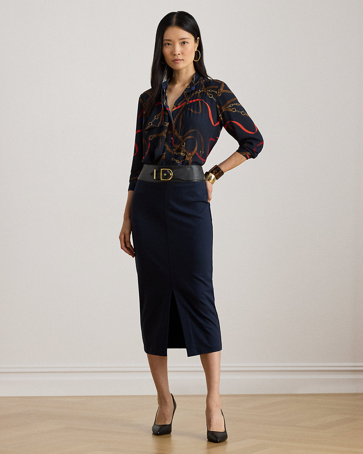 Ralph Lauren BuckleTrim Ponte Pencil Midi Skirt