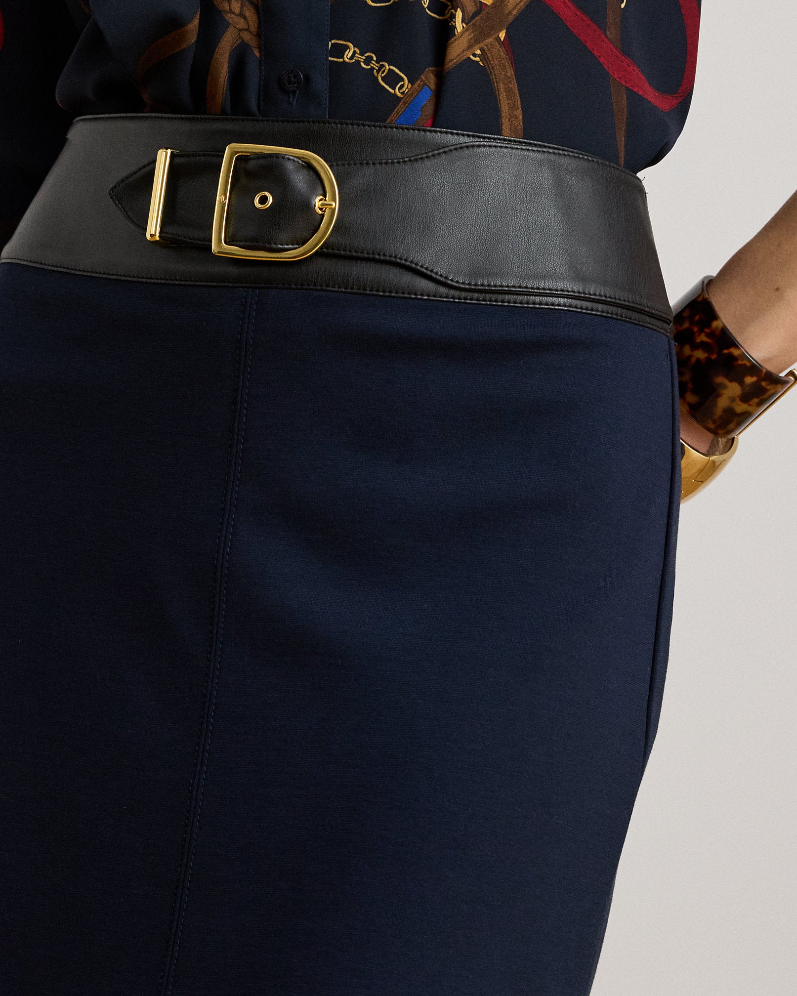 Ralph Lauren BuckleTrim Ponte Pencil Midi Skirt