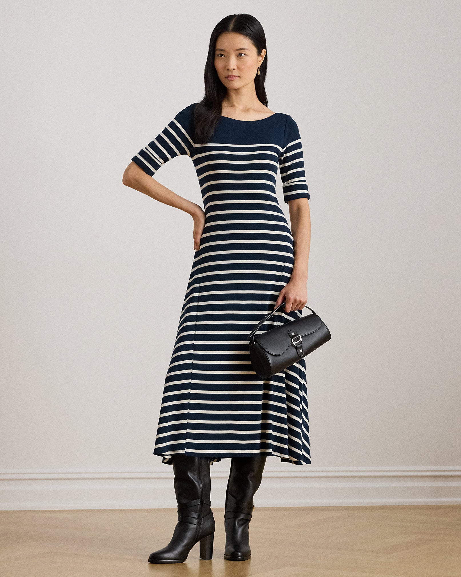 Ralph Lauren Striped Cotton RibKnit Midi Dress