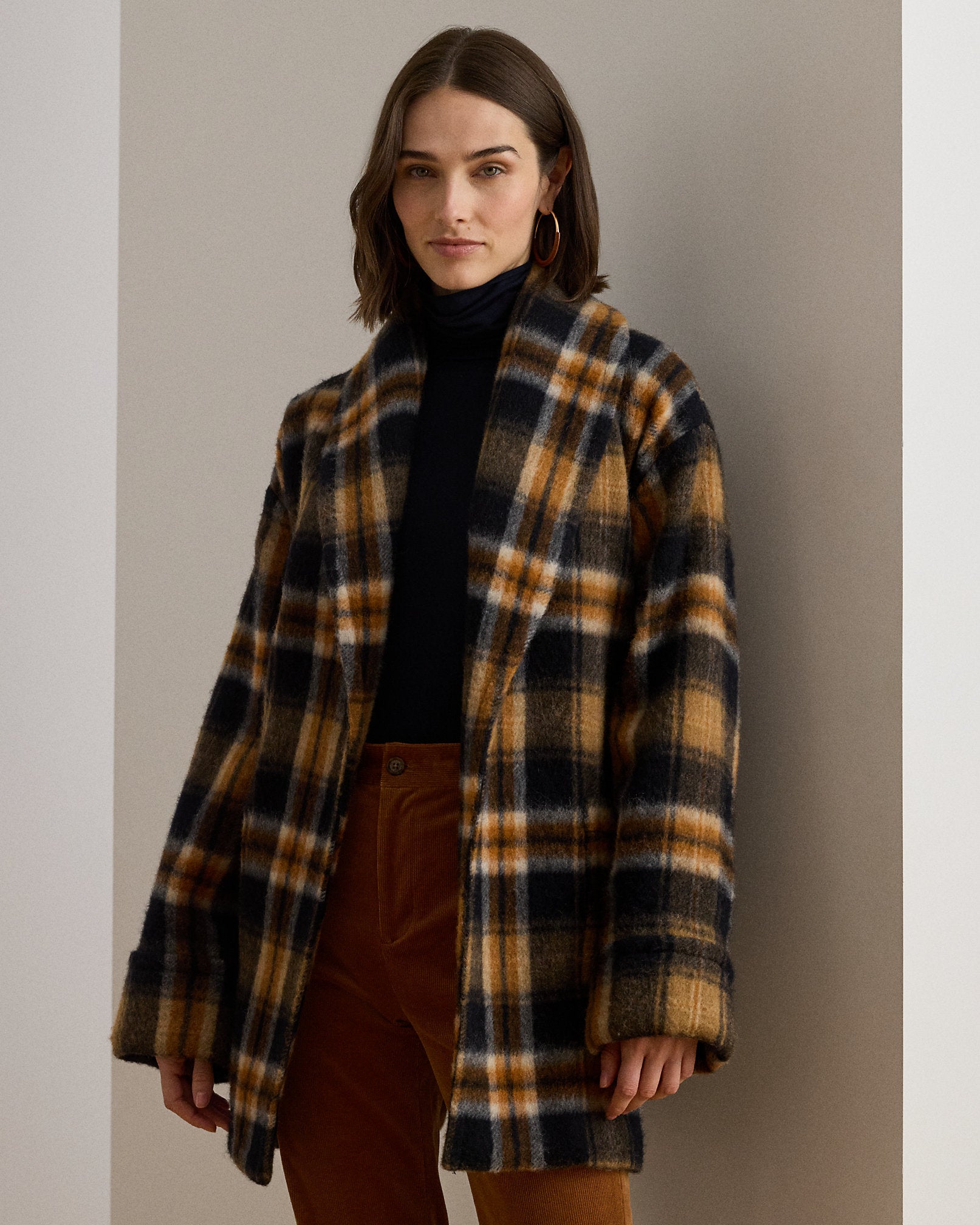 Ralph Lauren Plaid WoolBlend ShawlCollar Wrap Coat