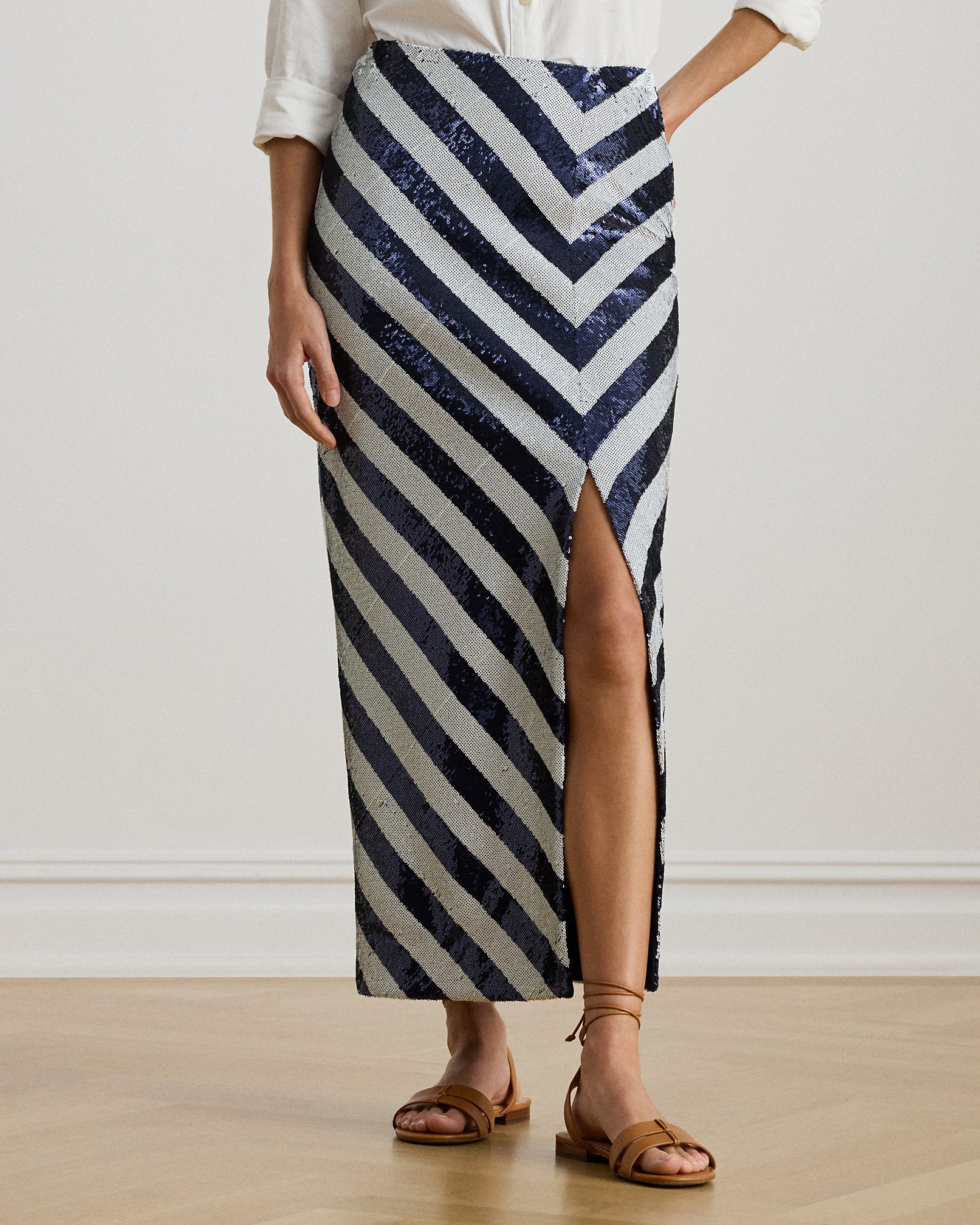 Ralph Lauren Striped Sequined Pencil Midi Skirt
