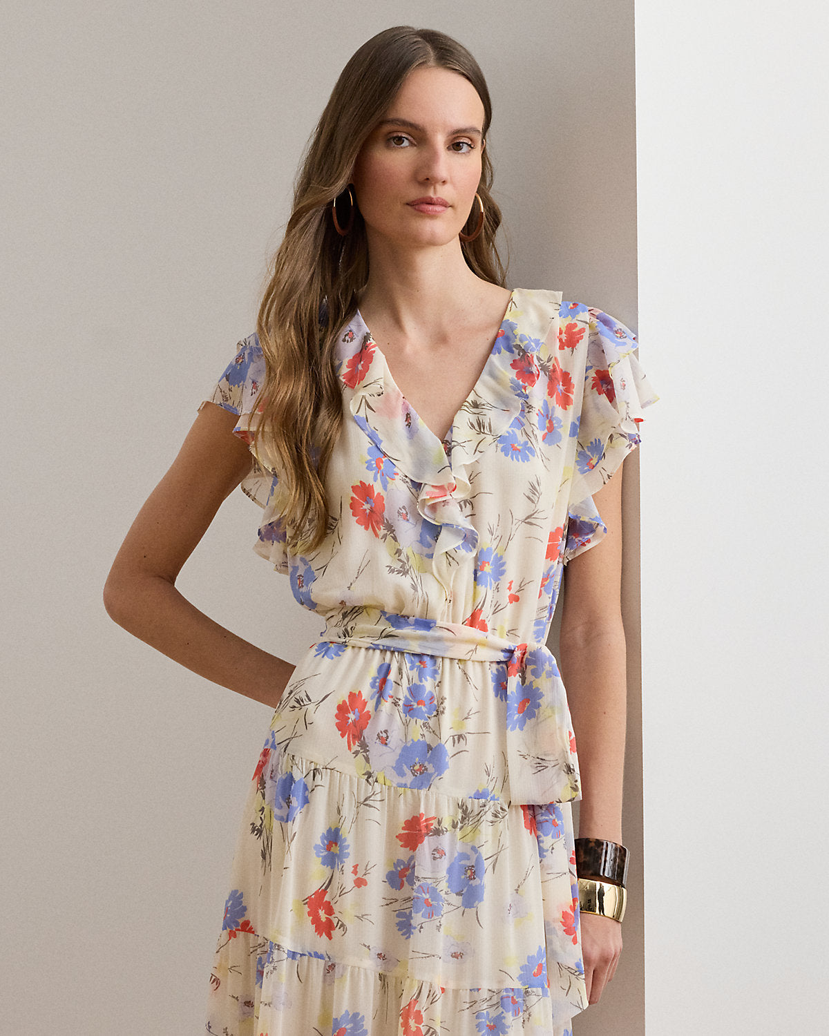Ralph Lauren Floral Belted Georgette Tiered Dress