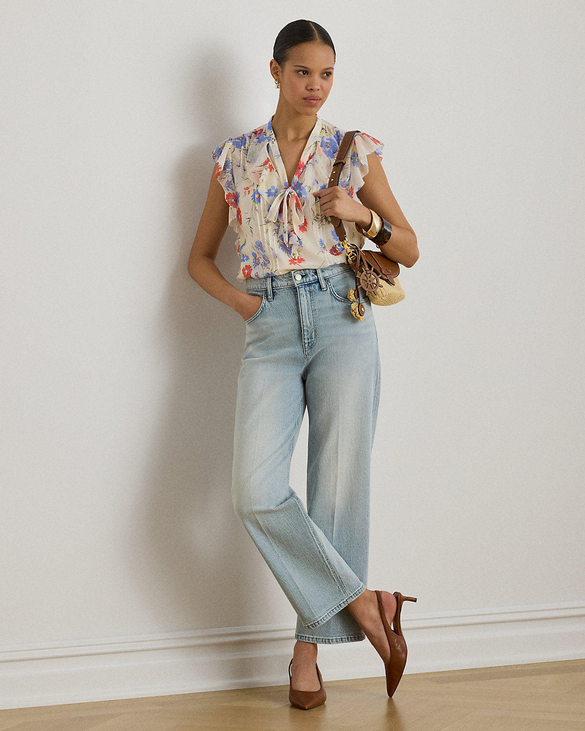 Ralph Lauren Floral Pintucked TieNeck Blouse