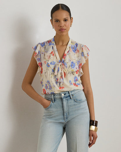 Ralph Lauren Floral Pintucked TieNeck Blouse