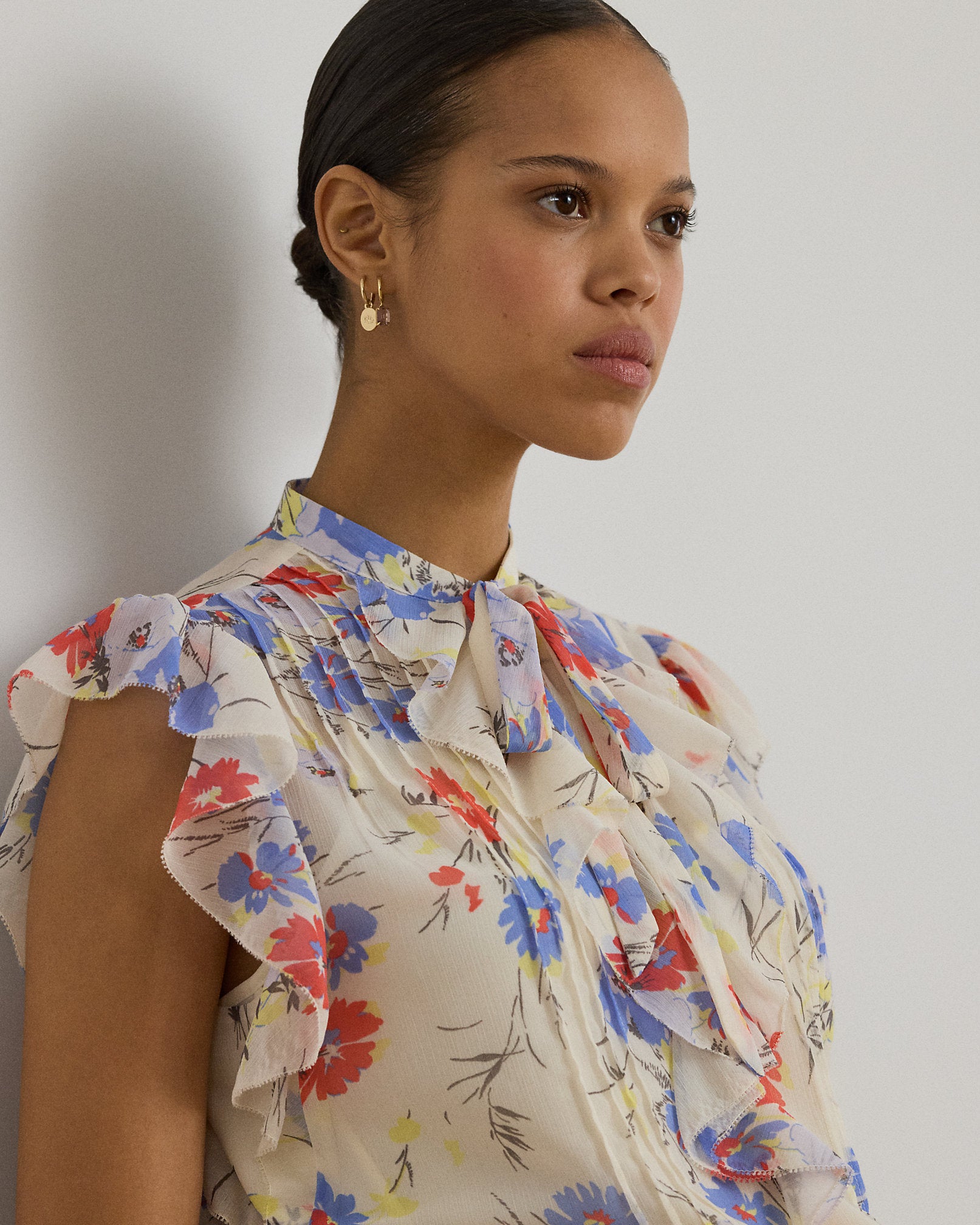 Ralph Lauren Floral Pintucked TieNeck Blouse