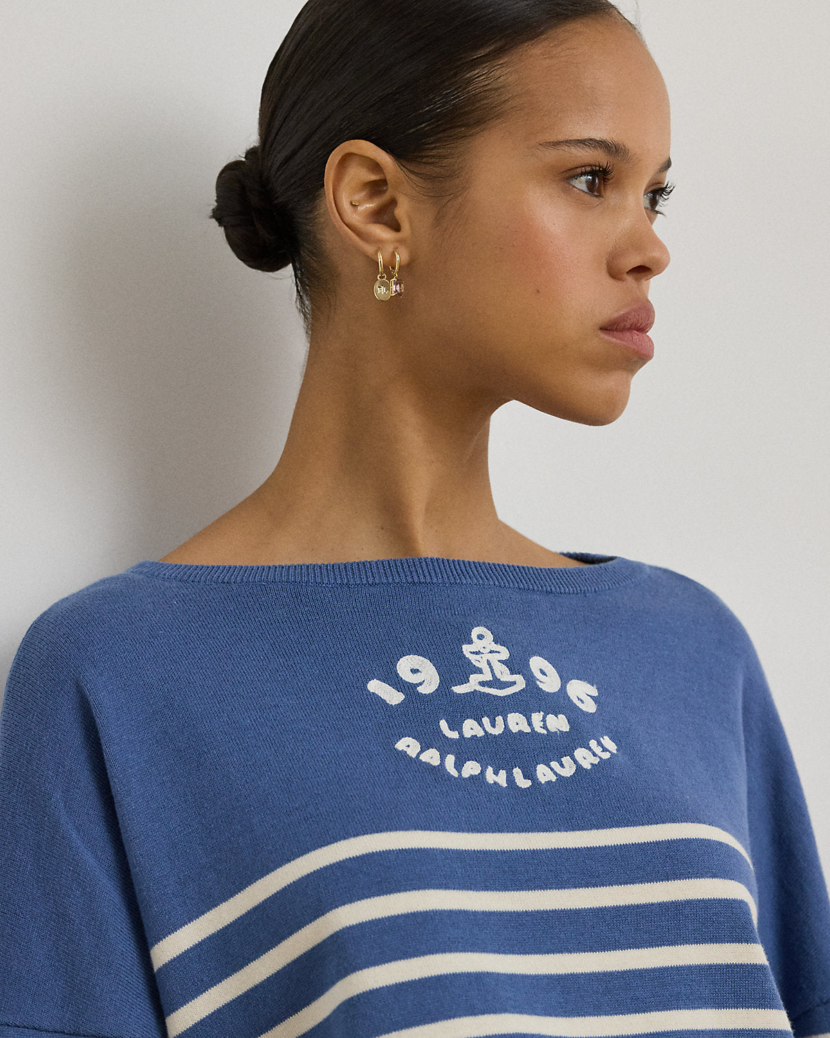 Ralph Lauren Logo Striped Cotton Boatneck Sweater