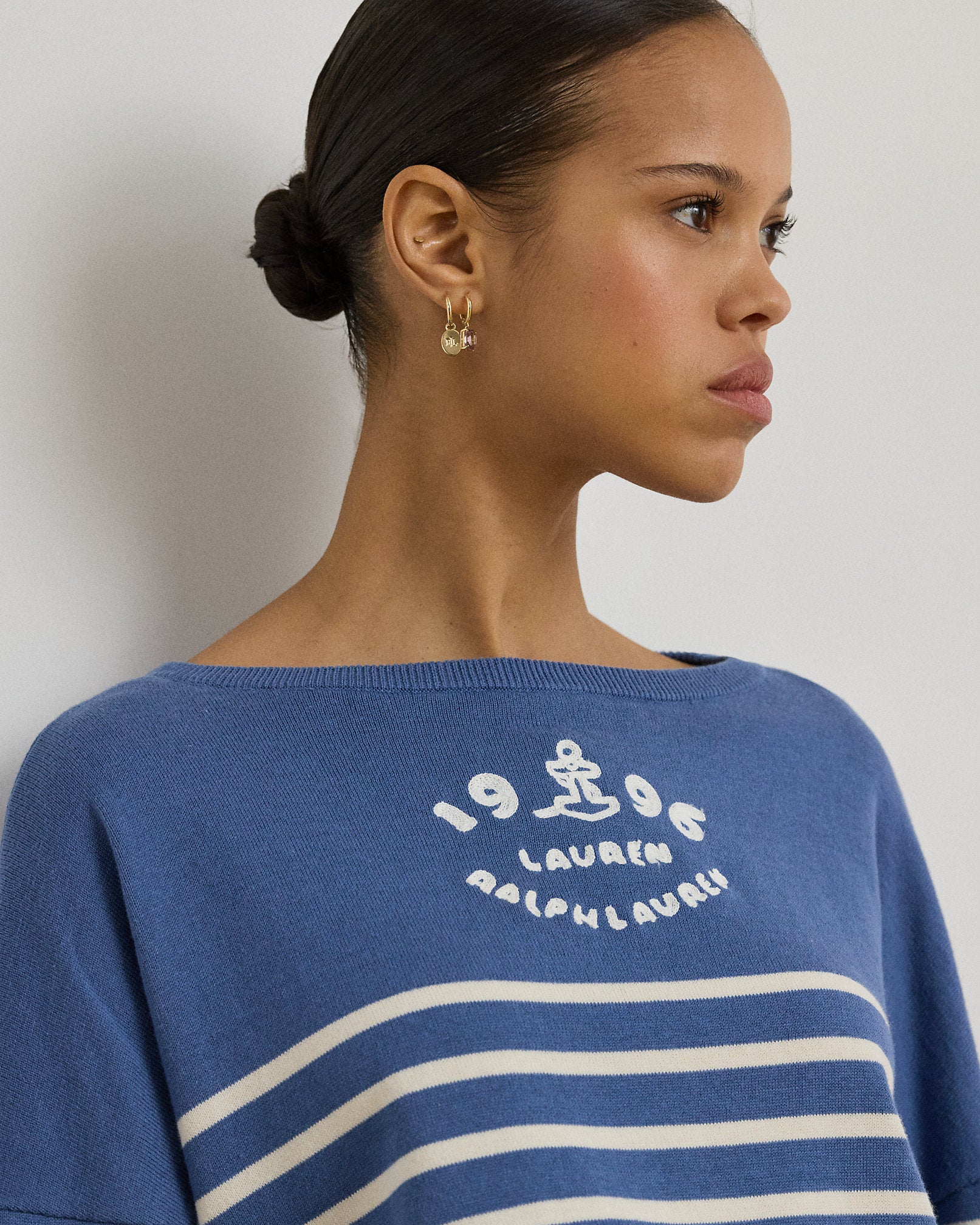 Ralph Lauren Logo Striped Cotton Boatneck Sweater