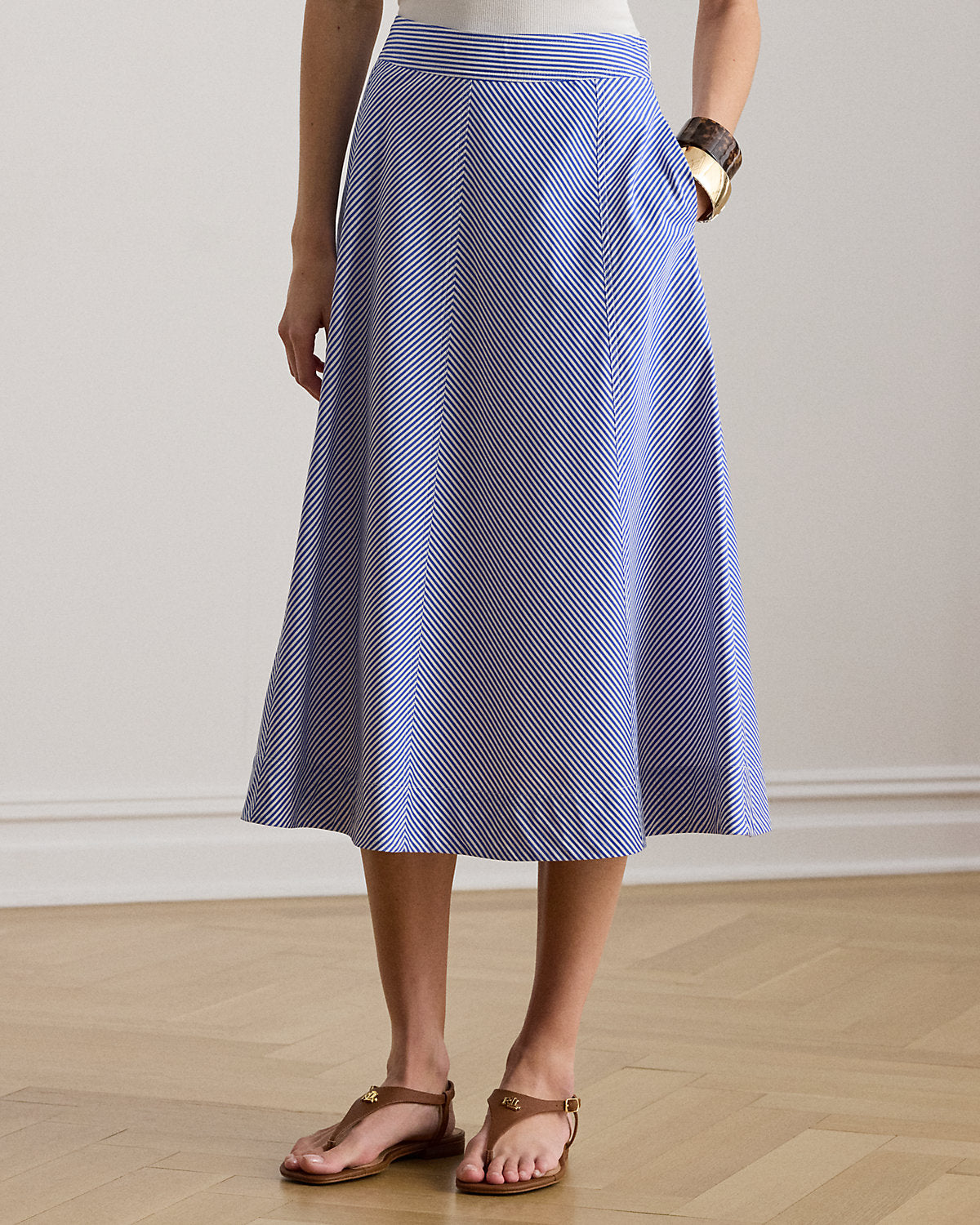 Ralph Lauren Striped Paneled Cotton Broadcloth Skirt