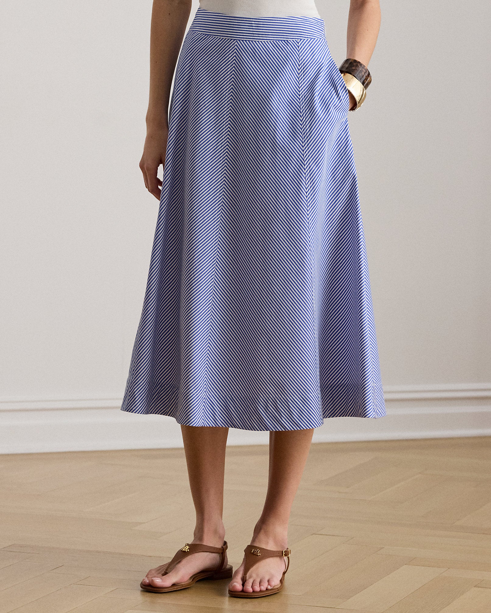 Ralph Lauren Striped Paneled Cotton Broadcloth Skirt