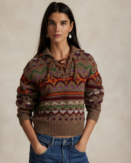 Ralph Lauren Fair Isle LaceUp Wool Sweater