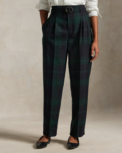 Ralph Lauren Belted Plaid Wool Pleated Tapered Pant